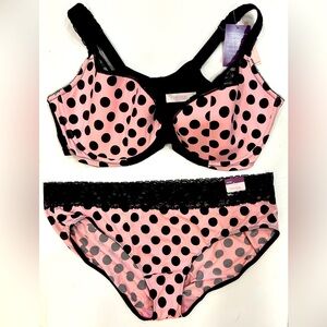 Cacique Intimates French Full Coverage pink polka dot bra 46DDD & panties 26/28